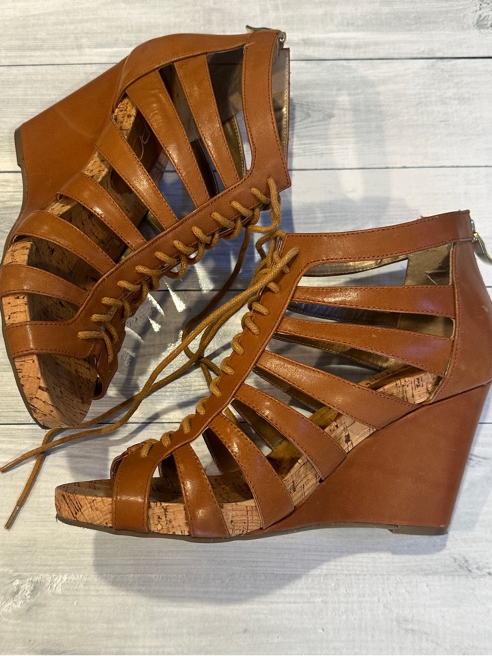 BCBG Paris Sz 9 Tan Leather Lace-Up Cork Wedge Sandals